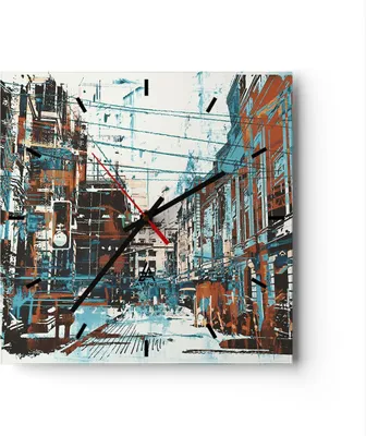 Produktbild von Wanduhr - Quadrat - Glasuhr - Stadt Straße Haus - 40x40cm - Schleichendes Uhrwerk - Lautlos - zum Aufhängen bereit - Dekoration Modern - Wanddekoration aus Glas - C3AC40x40-3806