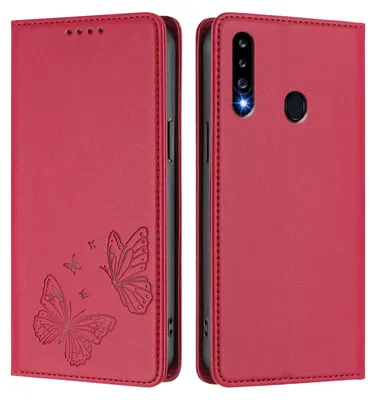 Produktbild von Lederhülle für Samsung Galaxy A20S, Schmetterling Prägung Leder Brieftasche Schutzhülle mit Ständer Rot