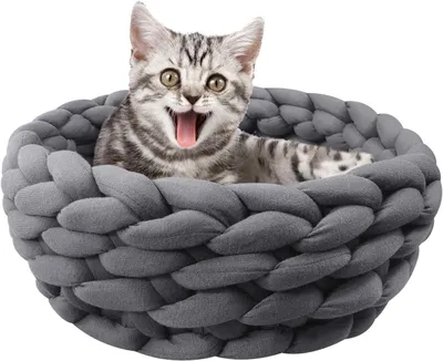 Produktbild von Katze Korb Bett Baumwolle gestrickt Runde Haustier Betten für Katzen niedlich Boho Katze Haustier Bett warm gewebt Katze Nest (15.7”, Dunkelgrau)