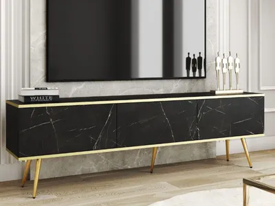 Produktbild von GrainGold TV-Schrank Diolo - Breiter RTV-Schrank, RTV-Tisch, Lowboard, TV-Tisch mit Metallbeinen, Stilvoller RTV-Schrank - TV-Schrank Schwarzer Marmor, Gold