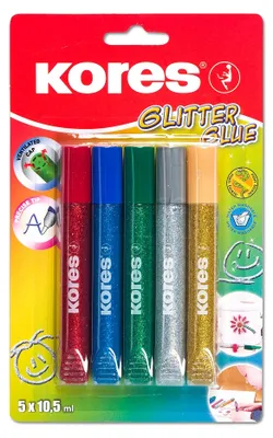 Produktbild von Kores Glitzerkleber "Glitter Glue" farbig sortiert 5 Tuben á 10,5 ml