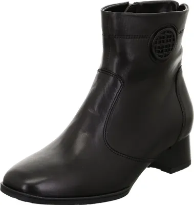 A black leather ankle boot is shown against a white background.