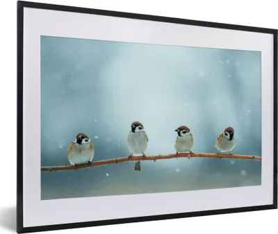 Produktbild von MuchoWow® Gerahmtes Poster Vögel - Spatz - Schnee - Winter 60x40 cm - Poster mit Schwarzem Bilderrahmen Wandposter Rahmen Foto Bilder - Schlafzimmer - Plakat in Rahmen - Drucken