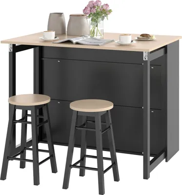 Produktbild von Bartisch mit Barhocker Set, 3-teiliges Bartisch Set, Esstisch mit Klappbarer Tischplatte, Küchentisch mit Schrank, Essgruppe für Esszimmer, Wohnzimmer, Schwarz Aosom