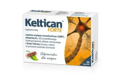A product box for Keltican Forte dietary supplement, featuring an illustration of a neuron.