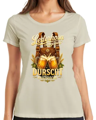 Obrázok produktu pre Zabudli ste lederhosen? Priniesli ste DURSCHT? , pánske nohavice (lederhosen), dámske šaty (dirndl), dámske tričko, farba: prírodná, veľkosť: L