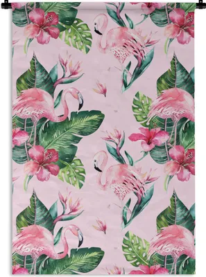 Produktbild von MuchoWow® Wandteppich Wandbehang Blumen - Flamingo - Pflanzen 60x90 cm Tapisserie Dekoration Wandtuch - Foto-Teppich - Abwaschbar