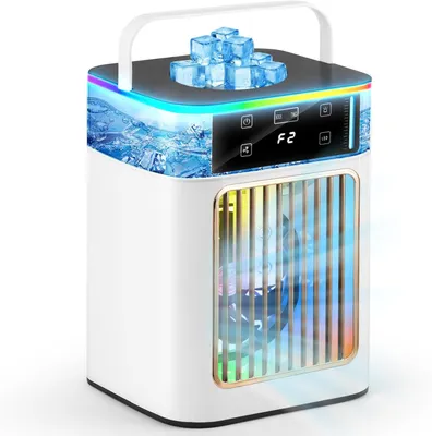 Produktbild von Tragbare Klimaanlage mit 2 kühlen Nebeln und 4 Geschwindigkeiten mit 7 Farblichtern und 900 ml für Zimmer, Büro, Camping