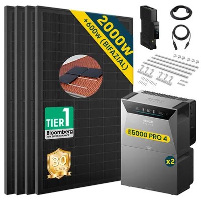Produktbild von ALLDREI Balkonkraftwerke mit Speicher Anker Solix Solarbank 4 E5000 Pro & BP5000x2,Komplettset mit 4x500W Bifazialer Solarpanel & Smart Meter Gen 2