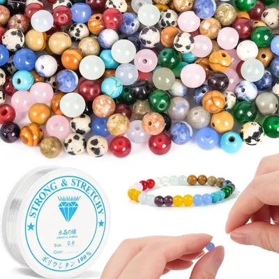 Produktbild von Natursteinperlen Bunt 120 Stück 6mm Rund mit Schmuckfaden zum Basteln