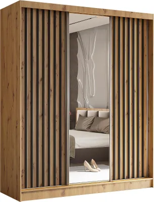 Produktbild von BEAUTYSOFA Schrank mit Lamellen HELIX 180cm - Kleiderschrank im modernes Stil Garderobe mit Schwebetüren & Spiegel (Artisan + Schwarz)
