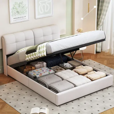 Obrázek produktu pro Čalouněná postel ProximaX 140x200 cm se sedmibarevným světelným proužkem - skříňová postel s lamelovým roštem, úložným prostorem a sametem - bílá béžová