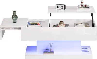 Produktbild von Couchtisch Hochglanz Teetisch Kaffeetisch hydraulischer Lift Beistelltisch Halbhebbares Tischblatt und seitlich verschiebbares Design Wohnzimmertisch