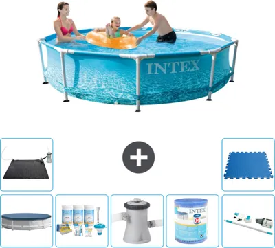 Produktbild von Intex-Schwimmbecken mit rundem Rahmen – 305 x 76 cm – Wasserdruck – im Lieferumfang enthalten Abdeckung - Wartungspaket - Filterpumpe für Schwimmbad - Filter - Staubsauger - Solarmatte