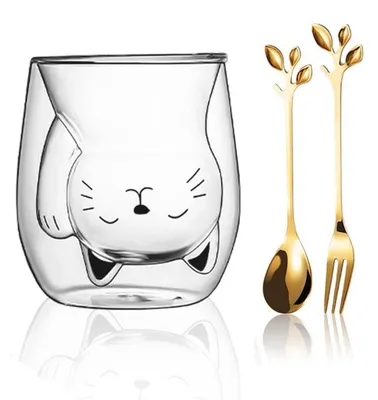 Immagine prodotto di Bicchieri doppi isolati a forma di gatto, capacità 200 ml, in vetro borosilicato. Ideali come bicchieri isolati, bicchieri da bevanda, regalo per bambini