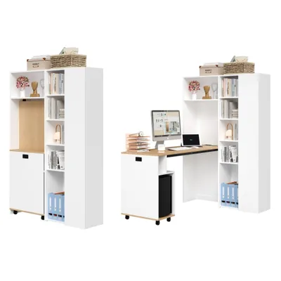 A white and wood folding desk with shelving units on either side, shown in two configurations.