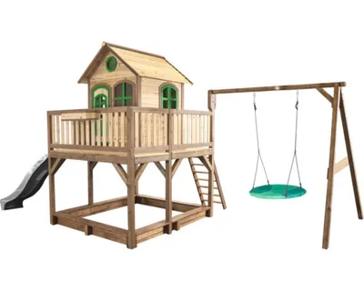 Immagine prodotto di AXI Liam Casetta con pavimento, sabbiera, altalena a nido e scivolo grigio | Casa da gioco per giardino / esterno in marrone e verde in legno | Parco giochi per bambini
