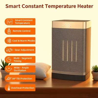 A heater is shown on a wooden table with some decorative elements like a small pillow and plants. The image highlights the product's features through text overlays.