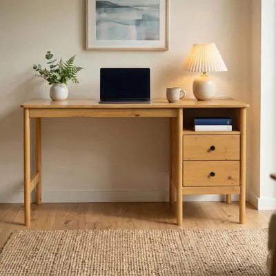 Produktbild von Schreibtisch BOSSA aus Massivholz, Eiche Finish - Homeoffice Tisch mit Stauraum, Tisch aus massivem Kiefernholz mit 2 Schubladen, offene Nische, ideal für Homeoffice, Büro und Arbeitszimmer