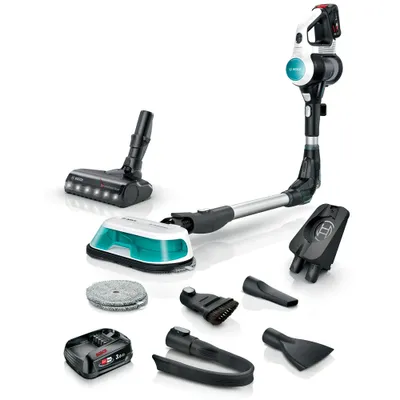 A collection of vacuum cleaner attachments and the main unit are displayed on a white background.