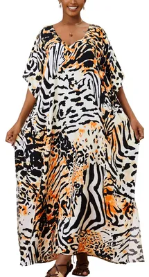 Image de Longue chemise de nuit kaftan à col en V, motif tigre blanc et jaune