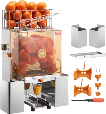 Obrázek produktu pro VEVOR Komerční odšťavňovač pomerančů, automatický odšťavňovač 120 W, odšťavňovač z nerezové oceli pro 20 pomerančů za minutu, s výsuvným filtračním boxem, krytem z PC, 2 kbelíky na sběr slupek