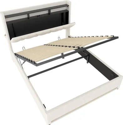 Immagine prodotto di Letto imbottito in velluto - Struttura letto 160×200 cm - Testiera ribaltabile con illuminazione a LED - Vano contenitore sotto il letto - Porte USB - Bianco