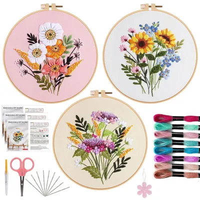 Immagine prodotto di Kit da ricamo per principianti, composto da 3 pezzi, ideale per il punto croce, con motivi floreali, completo di accessori, dimensioni: 19,8 cm
