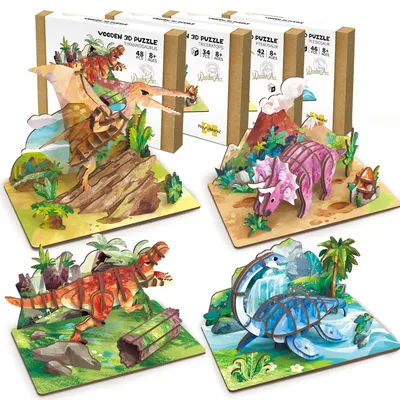Zdjęcie produktu dla drewniane puzzle 3D dla dzieci zestaw 4 sztuk, zabawka dinozaur. Drewniane puzzle