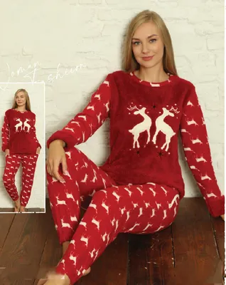 Produktbild von Damen Pyjama POLAR Schlafanzug Rot XL 2-Teiler Set Lang Warm Winter C-11