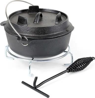 Produktbild von Dutch Oven 4l mit Untersetzer und Deckelheber, Kochtopf aus Gusseisen für Lagerfeuer und Camping