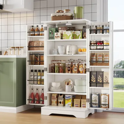 Zdjęcie produktu dla Merax szafka kuchenna z czujnikiem LED, szafka bufetowa z 2 drzwiami i regulowanymi półkami, wysoka szafka z półkami na drzwiach do kuchni, salonu, biała