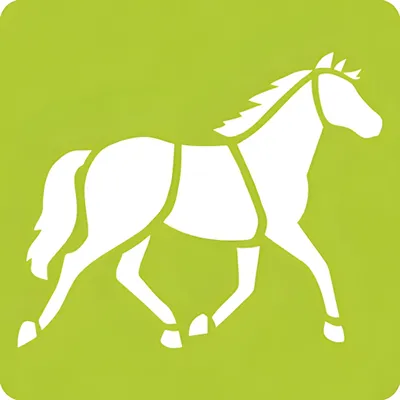 A white silhouette of a horse in motion on a light green background.
