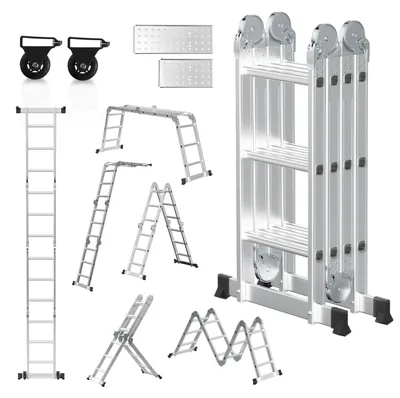 Obrázek produktu pro Peviasot Hliníková univerzální žebřík 7v1, 4x3 stupně, cca 360 cm / 3,6 m, skládací žebřík s kloubem, s platformami, kolečky a protiskluzovou úpravou, maximální nosnost 150 kg