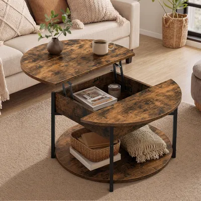 Produktbild von VASAGLE Höhenverstellbarer Runder Couchtisch mit Verstecktem Stauraum 80 x 80 x 45 cm Vintagebraun und Schwarz