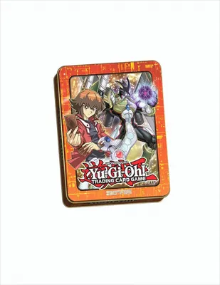 A Yu-Gi-Oh! trading card game tin is shown against a white background.