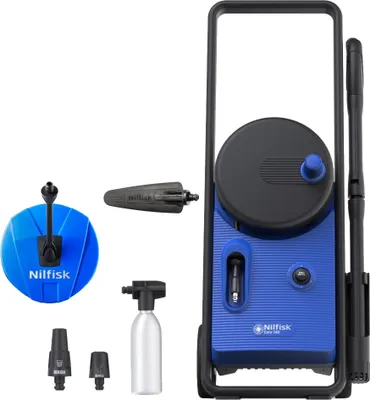 A Nilfisk pressure washer and its accessories are displayed against a white background.