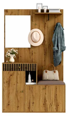 Produktbild von Flurgarderobe Set mit Spiegel und Sitzbank 110x185,5x37 cm | Modernes Garderobenset, Schuhschrank, gepolsterte Bank und offene Regale für den Flur
