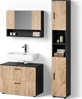 Produktbild von Badmöbel-Set Livinity Ronco Goldkraft Eiche/Anthrazit 3 Teile, mit Spiegelschrank 80 cm, Model 52738