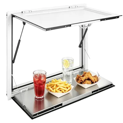 Zdjęcie produktu dla Okienko sprzedażowe do food trucków VEVOR, wymiary 915 x 915 x 80 mm, wykonane z aluminium, okienko do sprzedaży posiłków, otwierane do 85 stopni, wyposażone w klapę sprzedażową, półkę do serwowania i hak do transportu, osłona przed deszczem