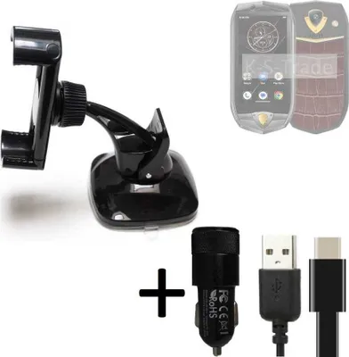 Produktbild von K-S-Trade Handy-Halterung kompatibel mit Oukitel K16 Windschutzscheibe / Armaturenbrett + LADEGERÄT mit Mico USB Kabel Autohalterung