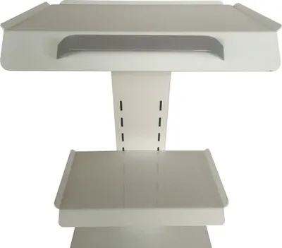 A white, multi-tiered rolling cart or trolley.