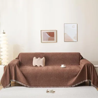 Produktbild von Sofabezug aus Chenille mit Fransen, rutschfest, haarabweisend (Haustiere/Kinder), braun, 230 x 380 cm