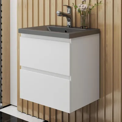 Produktbild von Badezimmermöbel 50cm CINIC-Serie Dunkelgrau Waschbecken mit Unterschrank Hängeschrank Badezimmerschränke mit 2 Schubladen Weiß Matt