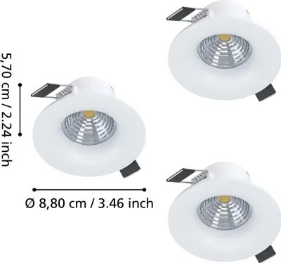 Image de EGLO, lot de 3 spots encastrables Saliceto, spots de plafond dimmables, spots de plafond ronds en aluminium de couleur blanche, lumière blanc chaud, diamètre 8,8 cm
