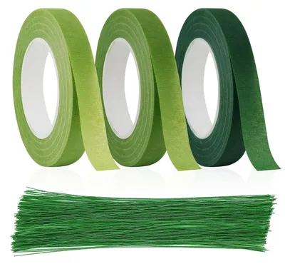 Imagen del producto de Cinta para floristerías - 3 rollos - 100 unidades de alambre para flores - Material para floristerías - Alambre de crepe - Alambre verde para arreglos florales