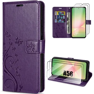 Image de Coque + 2 Verres Trempés pour Samsung Galaxy A56 5G, Protection Effet Cuir Motif Plante Papillon - Violet Foncé