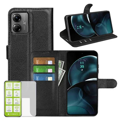 Obrázek produktu pro Pouzdro na mobilní telefon Motorola Moto G34, černé, z umělé kůže + tvrzené sklo H9