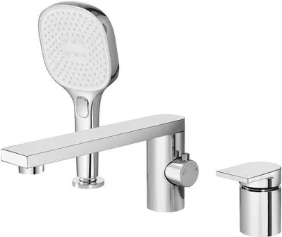 Productafbeelding van Badkraan met 3 gaten met uittrekbare handdouche, badrand, badarmatuur, badrandcombinatie van messing voor badkamer, chroom PTBC21E