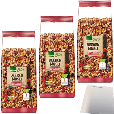 Produktbild von Edeka Beeren Müsli mit 24 % Früchten und Hafer- Roggen- und Weizenvollkornflocken 3er Pack (3x750g Packung) + usy Block